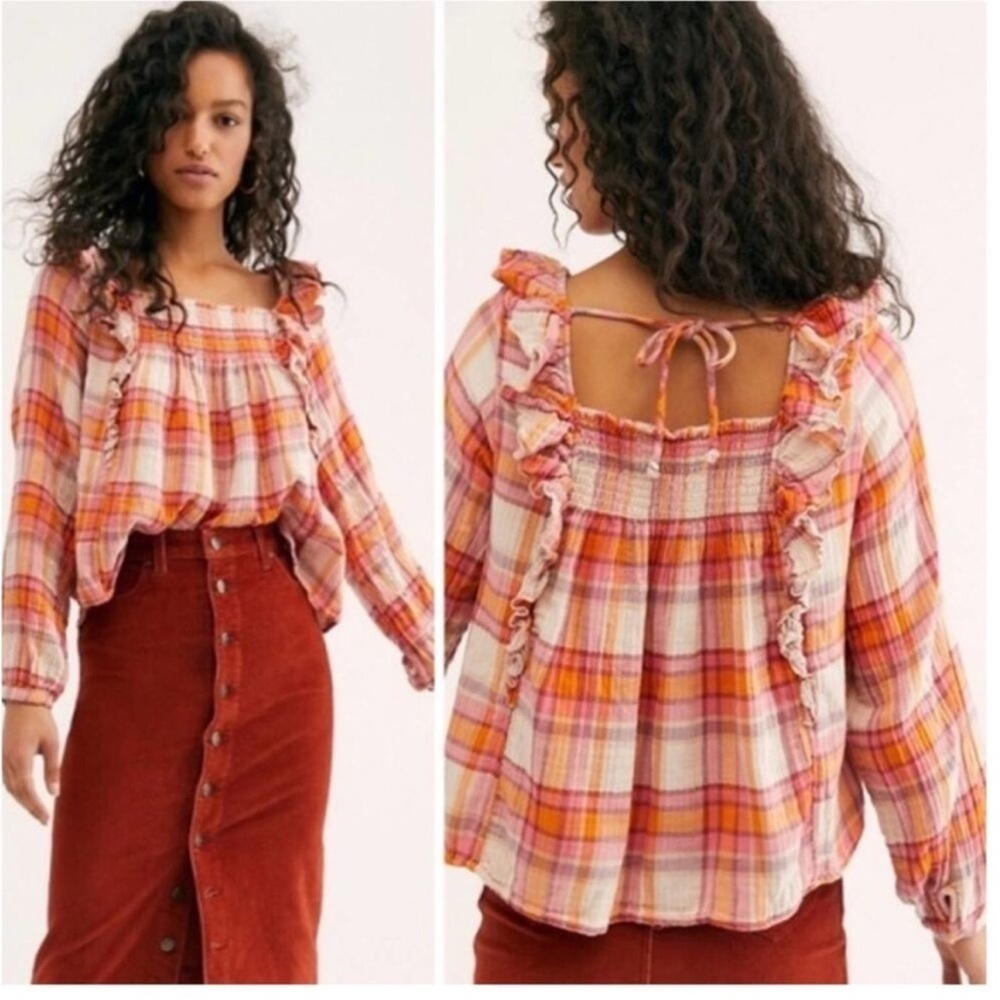 Free People Long Sleeve Natural Plaid Ruffle Square Neck Top Size M